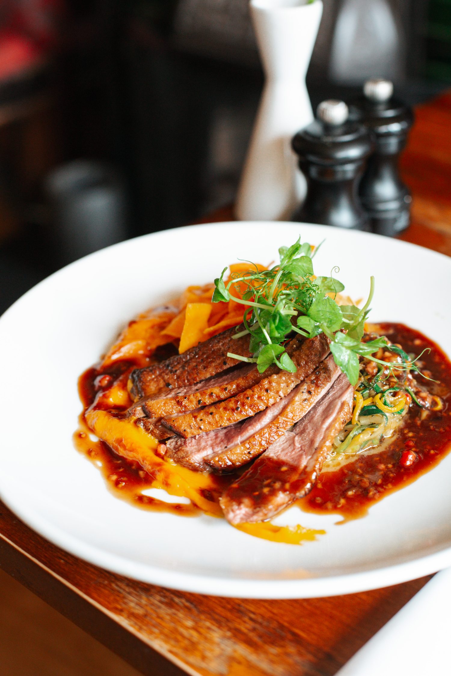 Seared duck breast, peppercorn sauce